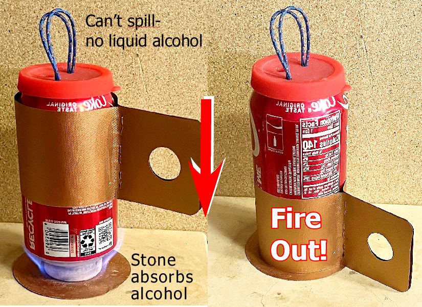 The SodaCan Stone Stove lit, and again with the handle slid down to snuff the fire